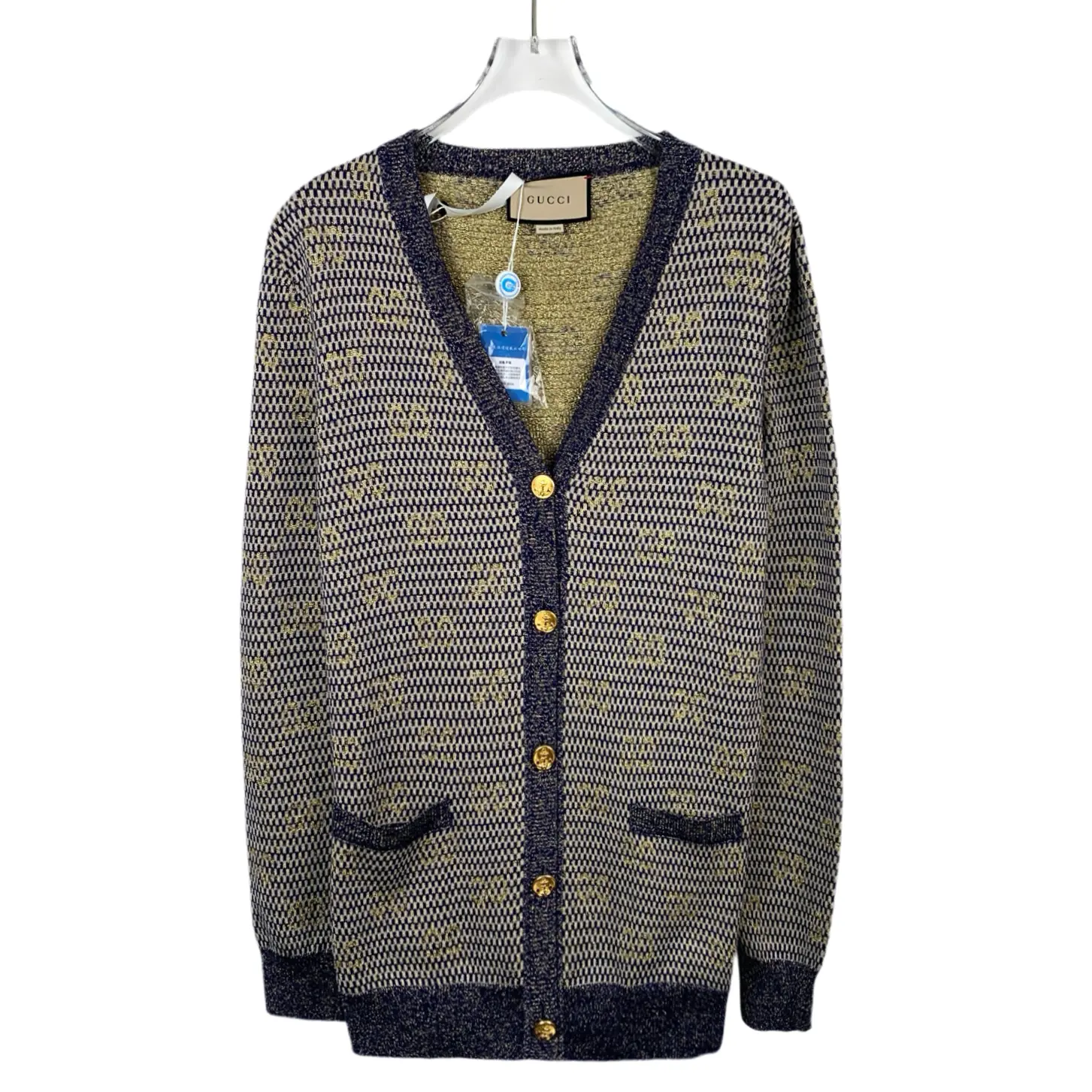 RDLT-Gucci Blue Gold-Thread Wool Knit Cardigan-SIZE S