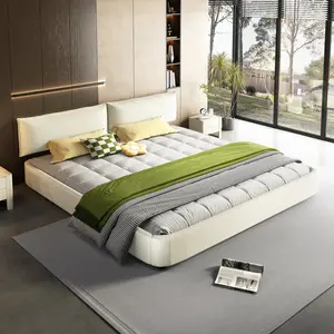 King Size Cloud-Like Comfort Bed Frame - Oversized Padded Movable Headboard, Chenille-Upholstered Metal & Solid Wood Slatted Base with Double Support, Round Corners, No Box Spring Needed - Beige/White