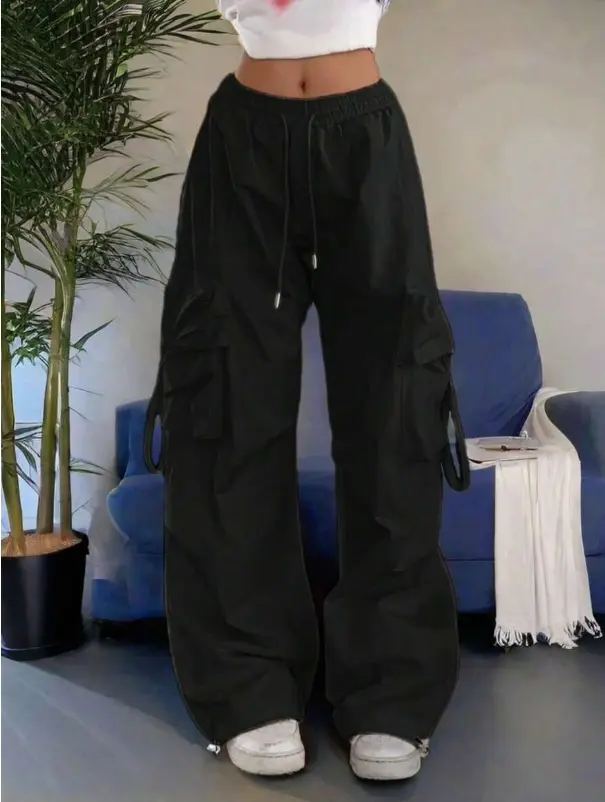 High Waist Flap Pocket Drawstring Waist Elastic Hem Pleated Casual Wide Leg Parachute Cargo Pants Spring