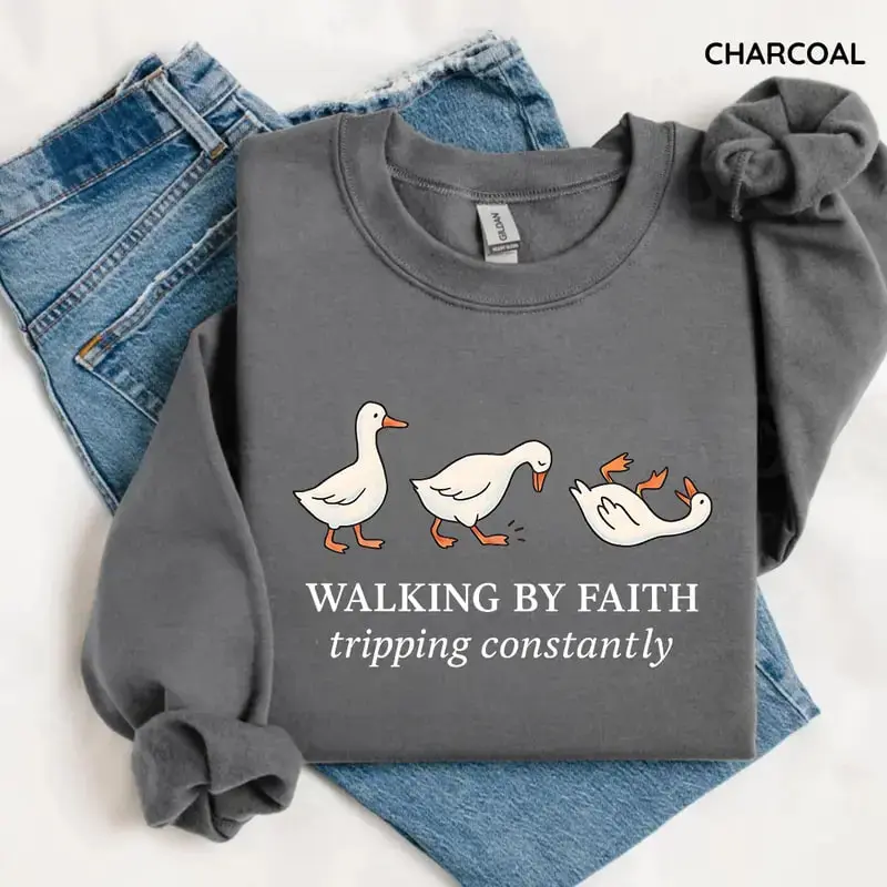 Christian Goose Sweatshirt & Tshirt, “Walking by Faith, Tripping Constantly” Tee, Funny Bible Quote Sweatshirt, Three Goose Graphic, Inspirational Gift for Believers, Gildan for Men and Women