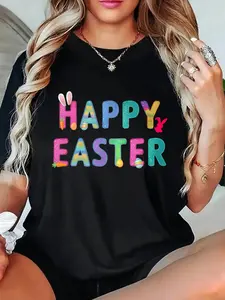 Happy Easter T Shirt Black Colorful Bunny And Egg Print