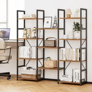 Triple Wide 4-Tier Industrial Bookshelf - Rustic Brown Wood and Black Metal Bookcase with 11 Open Shelves, Adjustable Feet, Easy Assembly for Home and Office