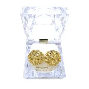 Gold Plated Alloy Golden Nugget Cookie Magnetic Earring Earrings With Lucite Box