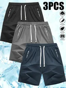 3 pcs men’s solid color cool-touch shorts with zippered pockets, athletic shorts, breathable quick-dry shorts, summer casual loose comfortable shorts, men’s everyday bottoms, solid drawstring shorts