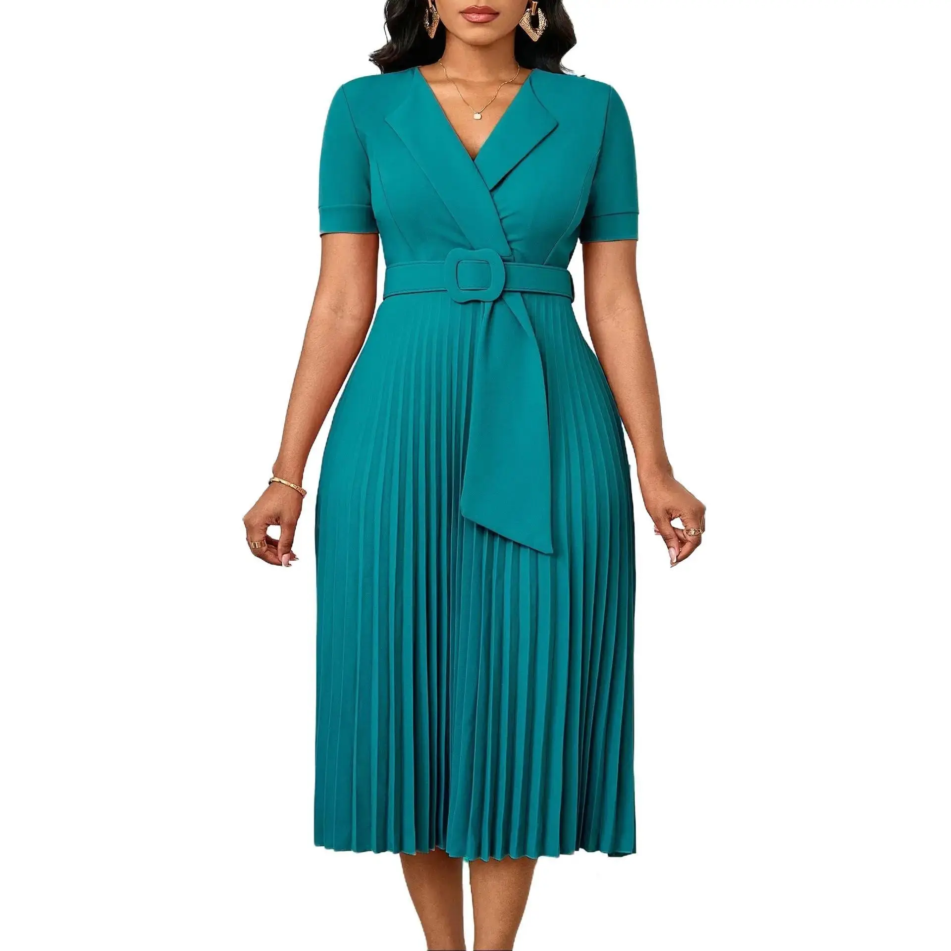 Women's Teal High Waisted Midi A-Line Dress - Blazer Collar, Belted,  Pleated, Short Sleeve, V-Neck, Plus Size Friendly, Chic, Elegant, Lady  Formal Wear, Office Workwear - TikTok Shop