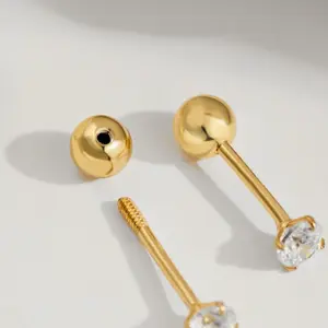 Stud Earrings with Screw Back, 925 Sterling Silver, 3mm/ 4mm Gold Plated, Nickel & Lead Free, Hypoallergenic, Gold Stone, 18K Gold