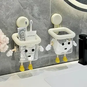 DIY Creative Cute Toothbrush Holder, Wall-Mounted No Drill Suction Cup for Home Use, High End Multifunctional Transparent Storage Box with Random Hand and Foot Colors, Canisters，Christmas party gifts