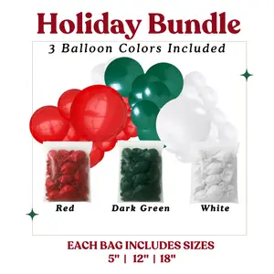 Holiday Balloon Bundle - 3 Colors  Red, Dark Green, White - Sizes 5"- 12"- 18" - Perfect for Festive Decorations