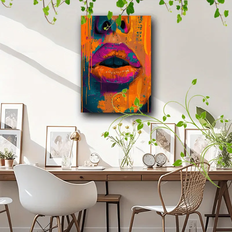 Wooden Framed Canvas Painting Abstract Portrait with Vibrant Orange Lips Bold Colors Minimalist Background Striking Face Decor Decoration Items