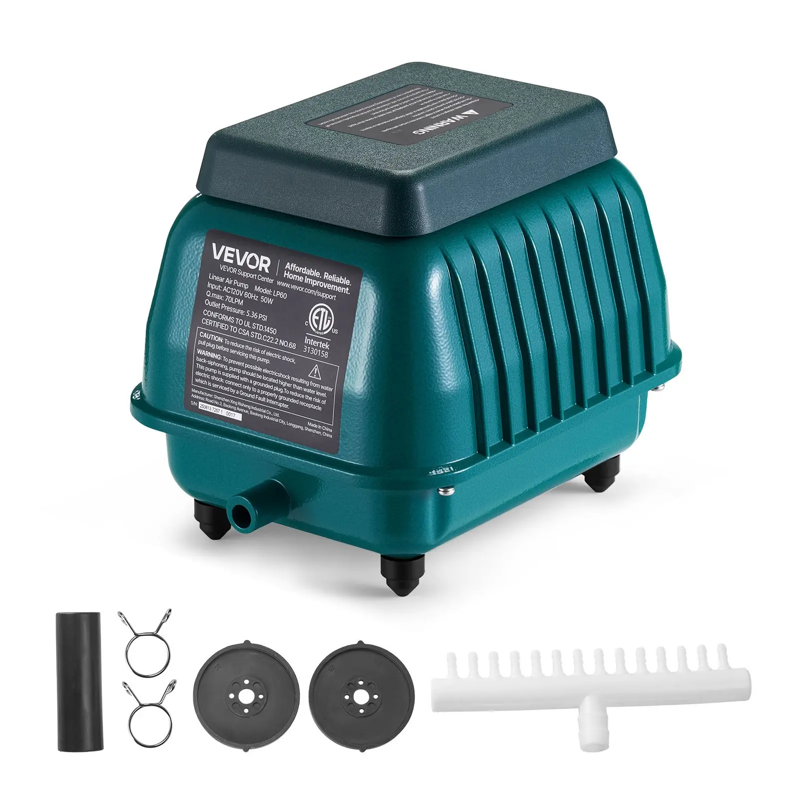 【Summerfinds】VEVOR Compact Aeration Pump, 1110 GPH Max Flow Rate, 120V Septic Aerator, 10 ft Deep Pond System, 10.04x7.87x8.27 in, 11.68 lbs, Aluminum Alloy Housing, IP44 Waterproof, All Seasons Use, Easy Installation, Compatible with Septic Tanks