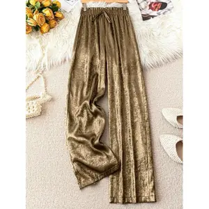 1pc Women Gold Straight-Leg Pants, Elegant Trousers For New Year Holiday Party Clothes Fall Cloth For Women Fabric Fit Womenswear Bottom Basic Casual