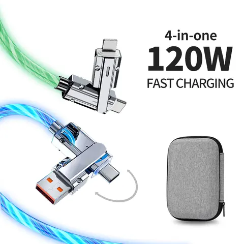 Mokongfu 120W 4-in-1 Durable Aluminium LED Charging Cable - USB A-Type C Ports, Sparkling Lights, High-Power Fast Charging, Multi-Device Sync for Mobiles Laptops, Blue 4 in 1 Fast Multi-Device Charging Cables, 4 In 1 Cables
