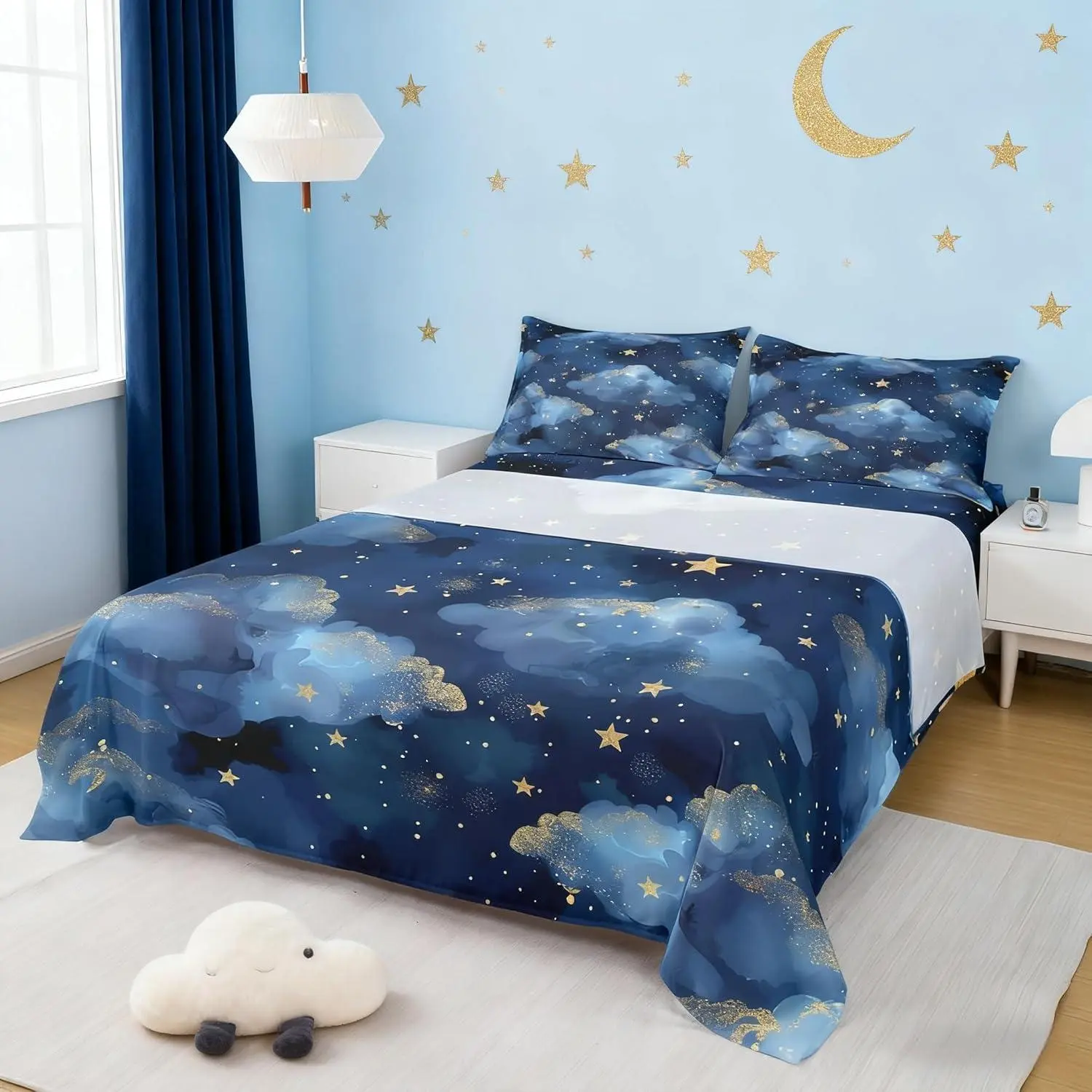 Night Sky Sheet Set Trippy Starry Galaxy Bedding Set Ombre Blue Cloud Bed Sheets Room Decor Navy Blue Bed Set ( Flat Sheet & Fitted Sheet )