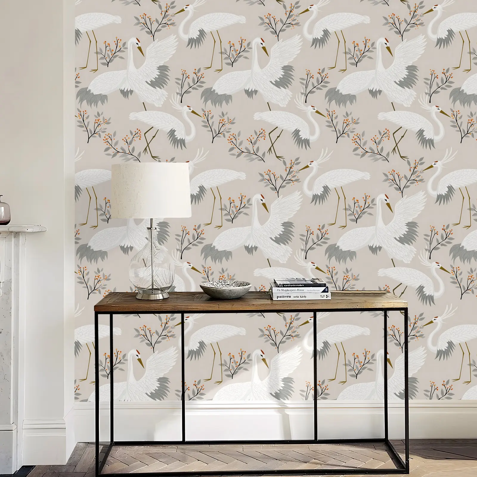 Peel and Stick Beige Crane & Floral Self-Adhesive Wallpaper, Removable No Residue, Easy to Cut, for Living Room Bedroom Kitchen Bathroom Wall Decor
