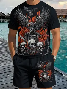 Men's 2-Piece Set, 3D Digital Print Short Sleeve Top Shorts, Flame Eagle Skull Sports Wear, Casual Motorcycle Style, Trendy for All Seasons