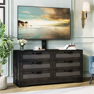 Black Farmhouse Rattan TV Stand with Built-in Mount, 6-Drawer Wooden Media Console & Storage Dresser, Modern Entertainment Center Fits 32-85 Inch TVs for Living Room & Bedroom