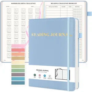 Reading Journal for Book  - PU Leather Book Journal Reading Log with 80 Reviews for Readers, Accessories with Sticky Tabs, Pen Holder, Ribbon Bookmarks, 5.6" x 8.3", Light Blue