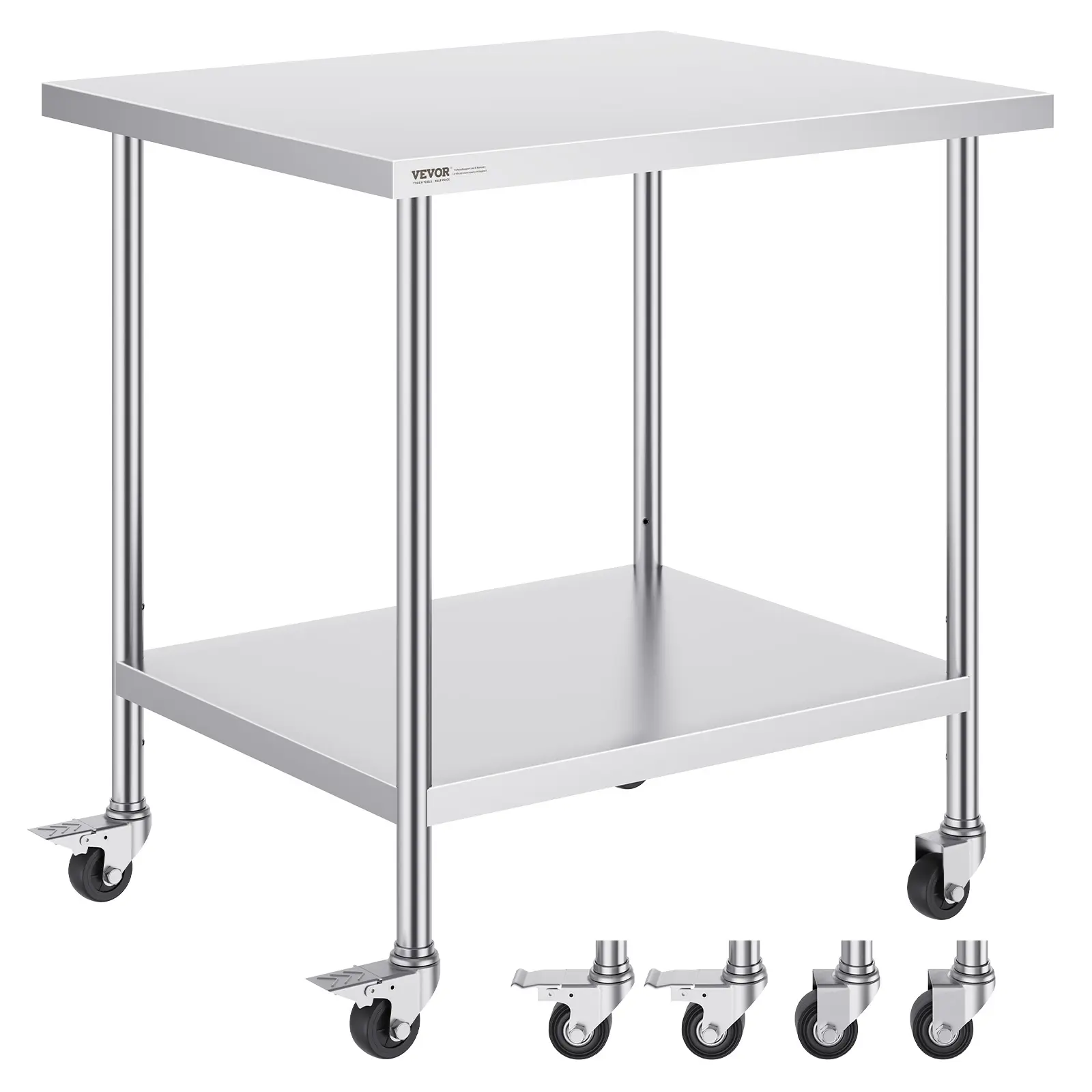 VEVOR Stainless Steel Heavy-Duty Sturdy Work Table, 30x36x38 in, 4 Smooth-Rolling Wheels, 3 Adjustable Height Levels, Shelf-Equipped Multifunctional Silver Organizer for Commercial Kitchen Food Prep, Kneading Dough, Garage
