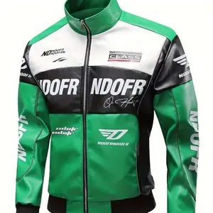 Men's PU Leather Racing Style Zip-up Jacket - Green and Black Color-block, Stand Collar and "HOOD FRENDS" Pattern Print, Casual Streetwear, Casual Clothing, Daily Jacket | Modern Casual Jacket | Smooth Leather Jacket(Sheets)