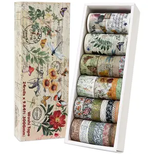 24 Rolls Vintage Washi Tape Set, Floral Letter Butterfly Mushroom Botanical Flower Writable Decorative Tapes for Scrapbooking , Junk Journal supplies, Bullet Journaling 5-75mm Wide 9.84ft long/Roll