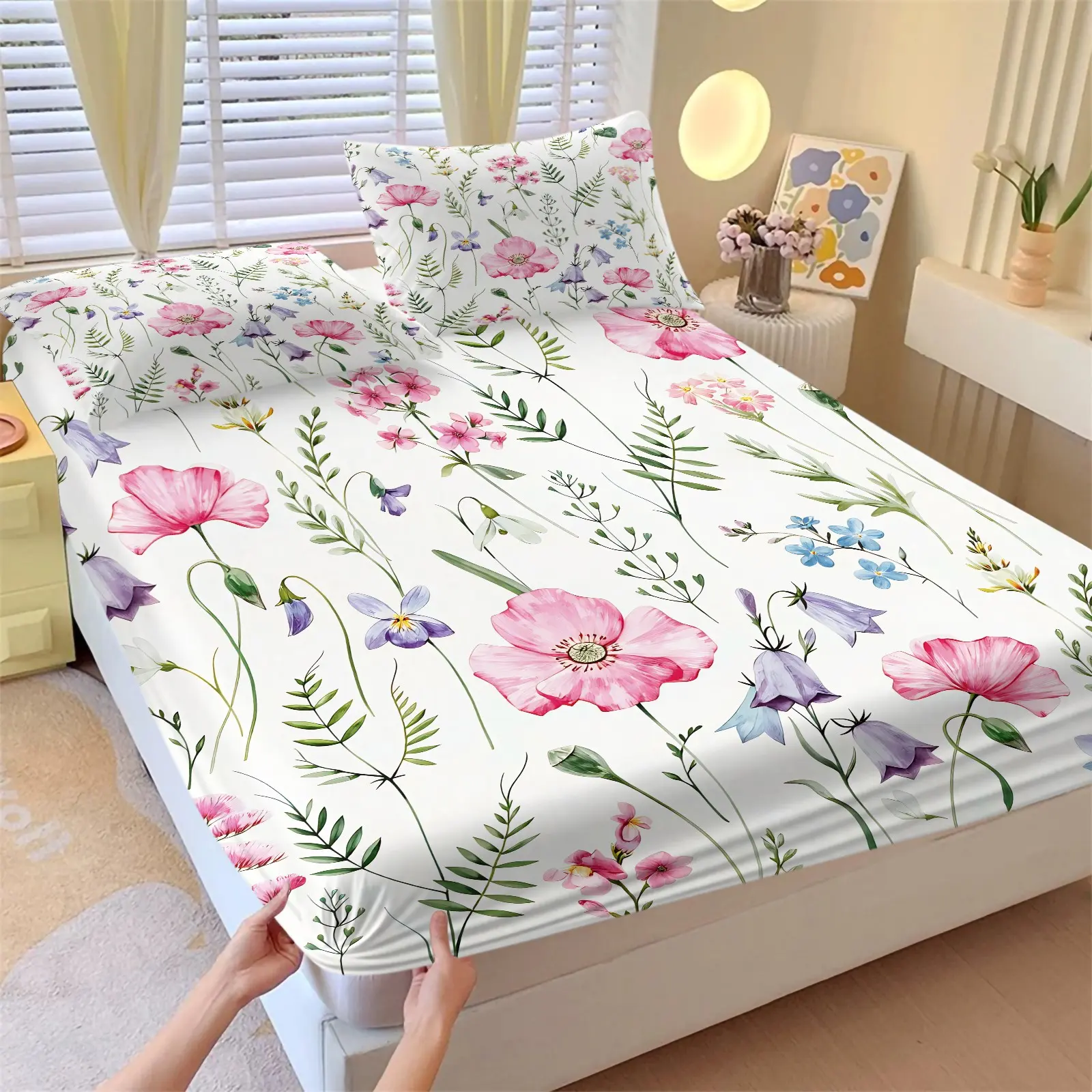 Watercolor Wildflower Print Fitted Sheet Set and 2 Coreless Pillowcases, Hand-Drawn Poppy, Forget-Me-Notm, Soft Anti-Slip Wrinkle-Resistant, Fresh Farmhouse Style Bedroom Decor Gift Choice, Soft Breathable Sheet, Printed Bedding Set, Floral Bedding