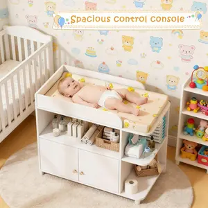 White Changing Table Dresser with Storage, Diaper Changing Station with Large Cabinet and 4 Open Shelves, Multifunctional Sturdy Wooden Baby Dresser with Crystal Knobs for Nursery (No Pad)