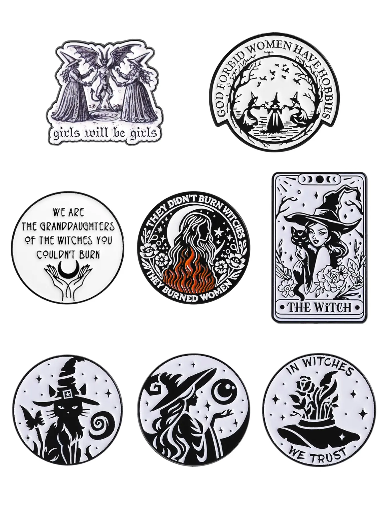 8-Pack Witch Awakening Theme Enamel Badges Set, Feminist Statement Mystical Symbols Vintage Dark Design Pins, Suitable for Feminists & Gothic Lovers, Lapel Brooch Pins, Alloy Brooch Pin