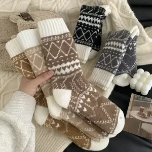 [5-Pack Thermal Socks] 5-Pack Thermal Winter Socks |   Women's Mid-Calf Warm Socks with Ethnic Rhombus Pattern |   Cozy Soft Fabric, Multi-Color Options, Fluffy Socks for Outdoor Cold Weather（gift）