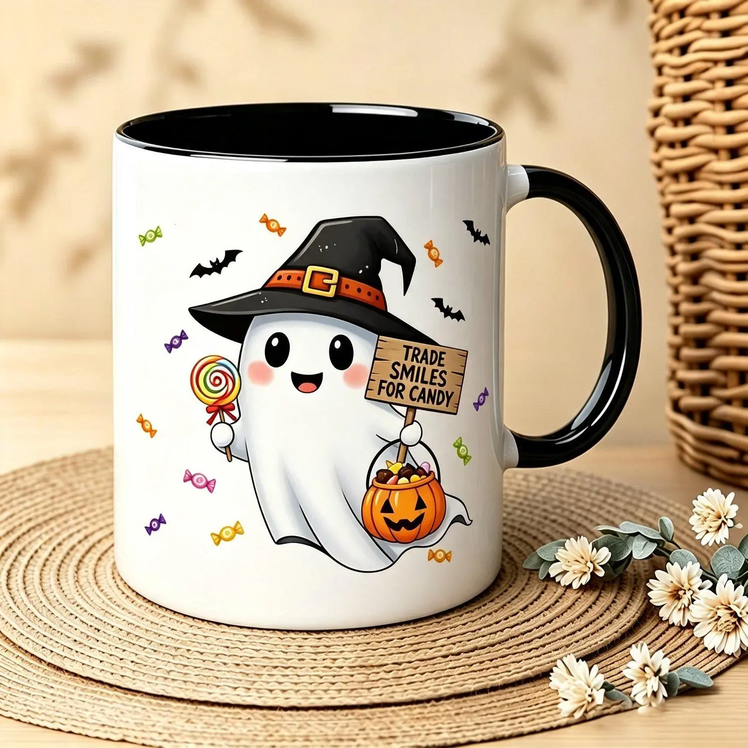 Cartoon Smiling Trade Smiles for Candy Trick Or Treat Halloween Mug1pcs Witch Hat Lollipop Pumpkin Candy Bucket Bat Print 11oz Ceramic Mug Fun Friendly Halloween Gift for Girls And Boys