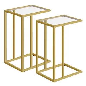 HOOBRO C Shaped End Table Set of 2, Tempered Glass Snack Side Table with Metal Frame, TV Tray Table for Small Space, Sofa Couch and Bed, Modern Style, Gold#SpringSale #BigSpringSale