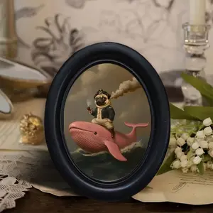 1 count Whimsical Mr. Dog Riding Pink Whale 3D Oval Wooden Frame Photo Frame - Handmade, 6.8 * 8.7inch，Rustic Farmhouse Wall Art for Living Room & Bedroom Decor, Ideal for Halloween,Whimsical Room Decor,Perfect for Room Decor, Picture Frame