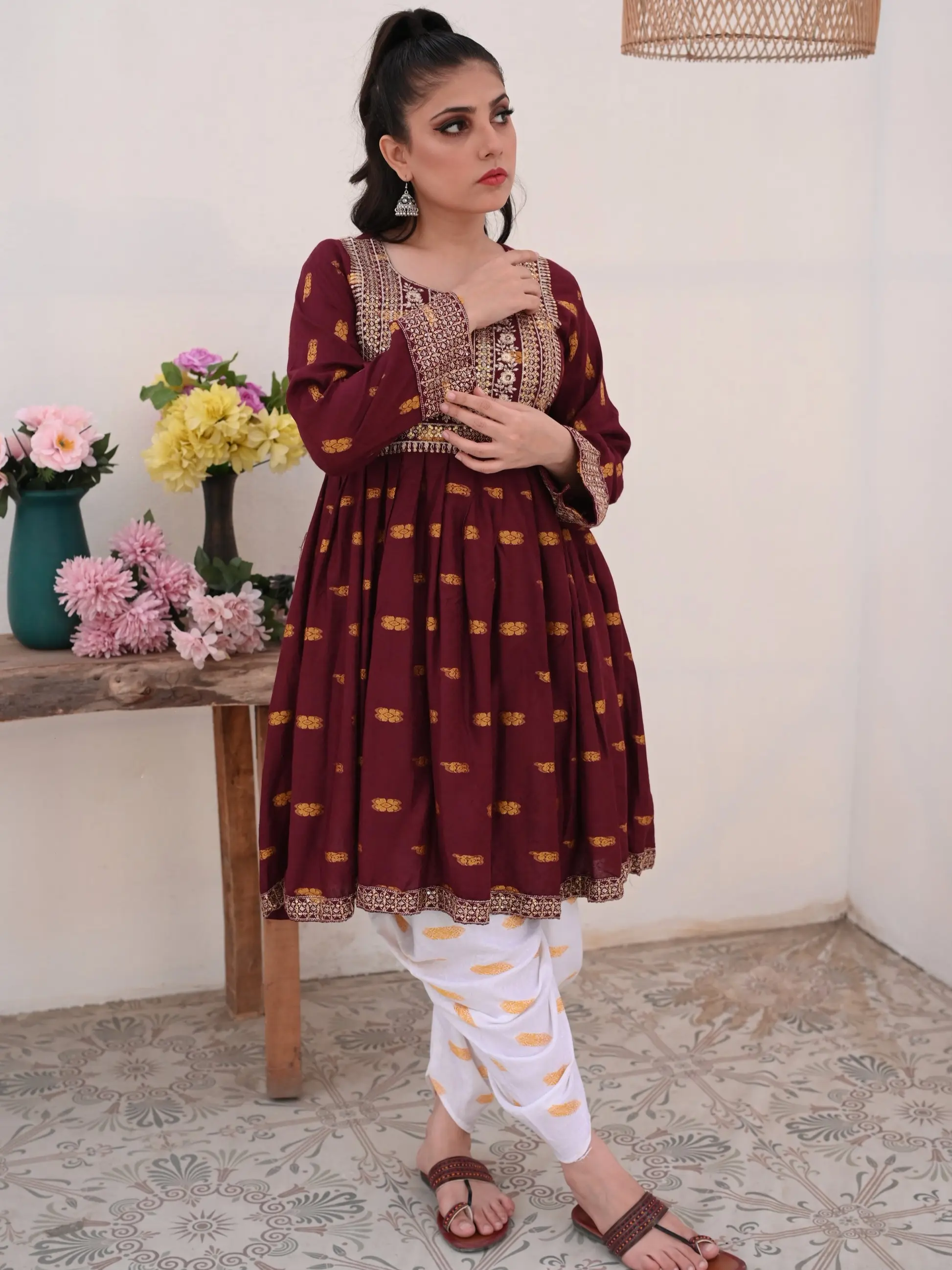 Sky Cashmere Women's Dhanak Salwar Kameez 3-Piece Traditional Printed Suit - Embroidered Lady's Style, Casual Women's Clothes with Shirt & Sleeves, Maroon US Size, Matching, Lightweight