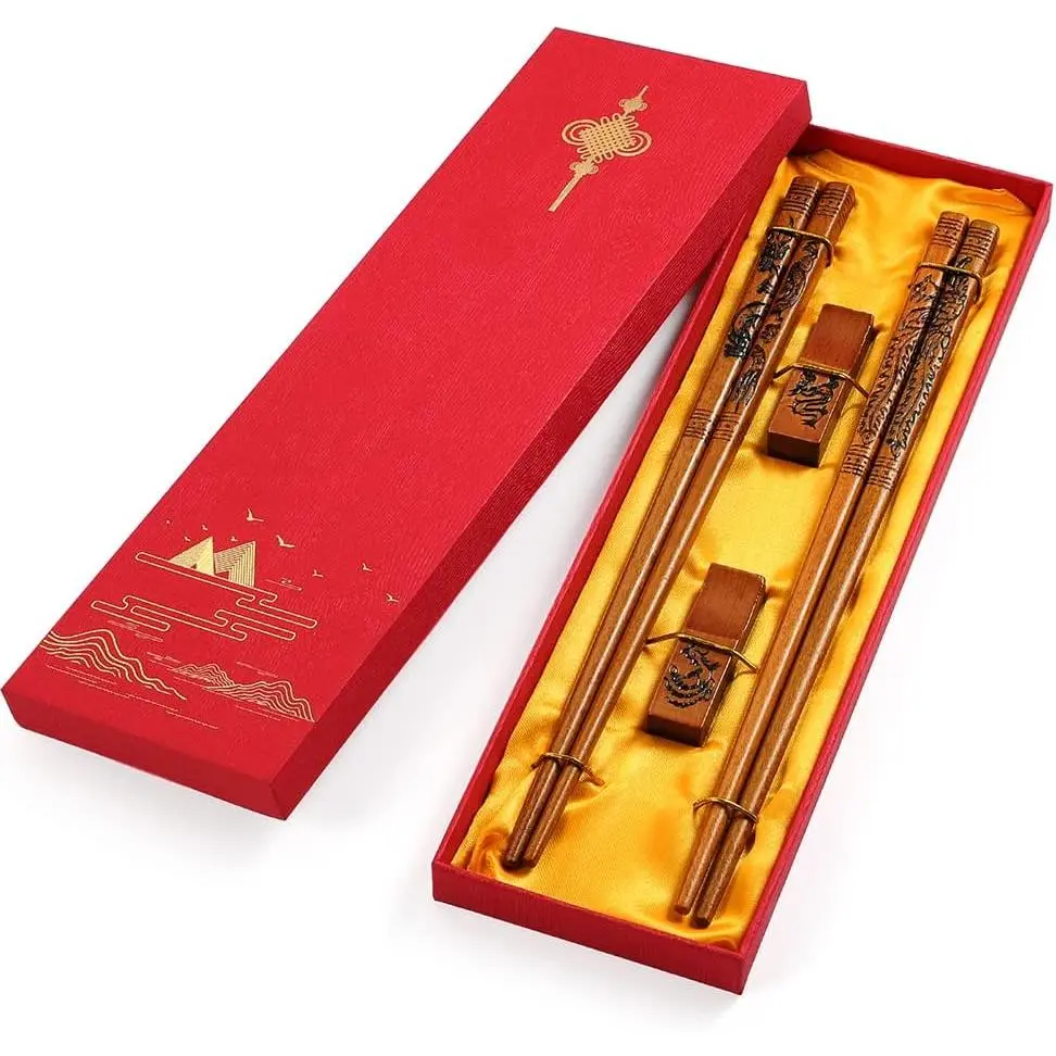 Chopsticks, Dragon and Phoenix Chopsticks Set, Chinese Style Wooden Chop sticks  Set (2 Pairs)