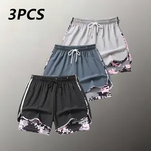 3-pack plus-size women’s shorts: double-layer faux two-piece camouflage 5-inch shorts made from polyester–spandex fabric that is breathable and quick-drying; women’s athletic shorts with an adjustable drawstring waist — lightweight fitness shorts with sid