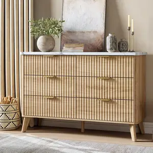 Fluted Dresser for Bedroom with 6 Deep Drawers, 47.2 in Tall Chest of Drawers with Faux Marble Top, Curved Profile Design, Modern Wooden Dresser, for Living Room, Kids Room, Hallway, Natural Oak