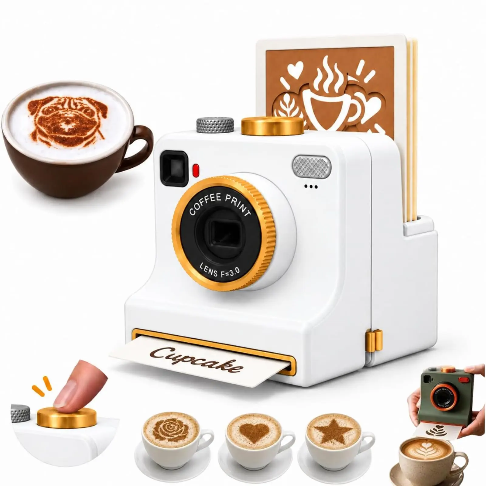 3D Printed Coffee Printer Latte Art Camera, Manual One-Click Coffee Powder Printer with Multiple Stencil Cards, Mechanical Coffees Stencil Maker for Cappuccino, Hot Chocolate, Home Cafe (Christmas gifts)