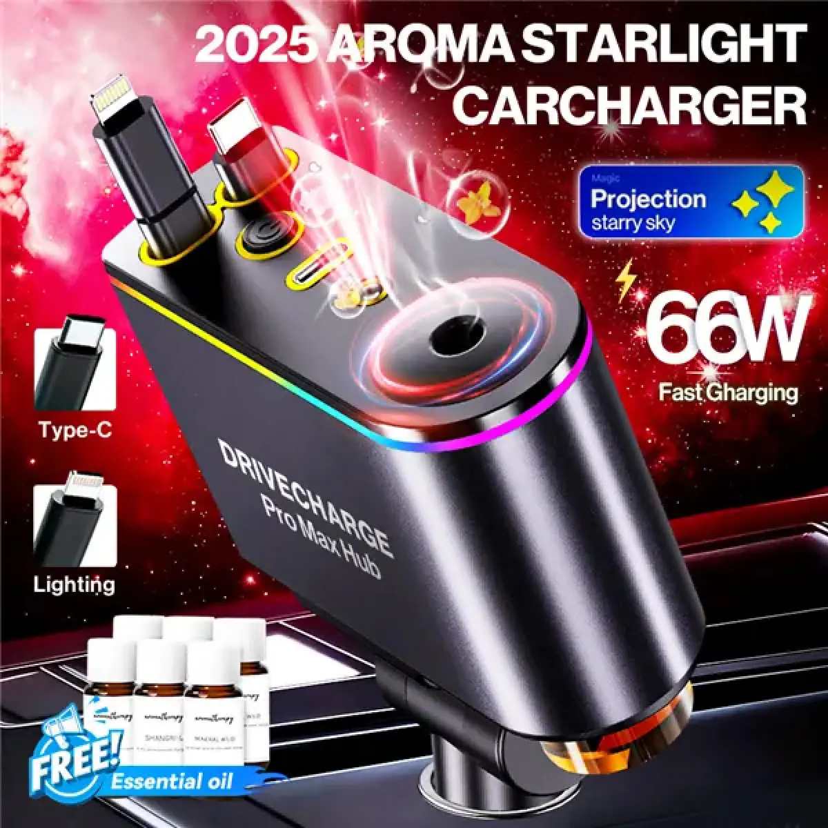 2026 Car Charger & Aroma Diffuser with Starry Sky Light| 3-Scent Options & Retractable Cable| Auto Interior Accessories for Gifts