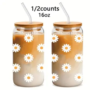 Iced coffee cup, daisy print glass cup, cute glass cup with lid and straw - cute mug, floral mug, glass cup - vintage, daisy aesthetic gift, birthday gift for women, coffee lovers, friends, girls, and moms, Tumbler