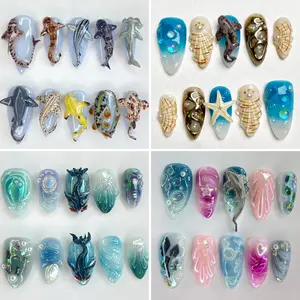 Chic Nail Studio Shark Paradise Press-On Nails, 3D Colorful Sharks, Glossy Beach Base, Custom Press-On Nail, Summer Vacation, Gift for Her
