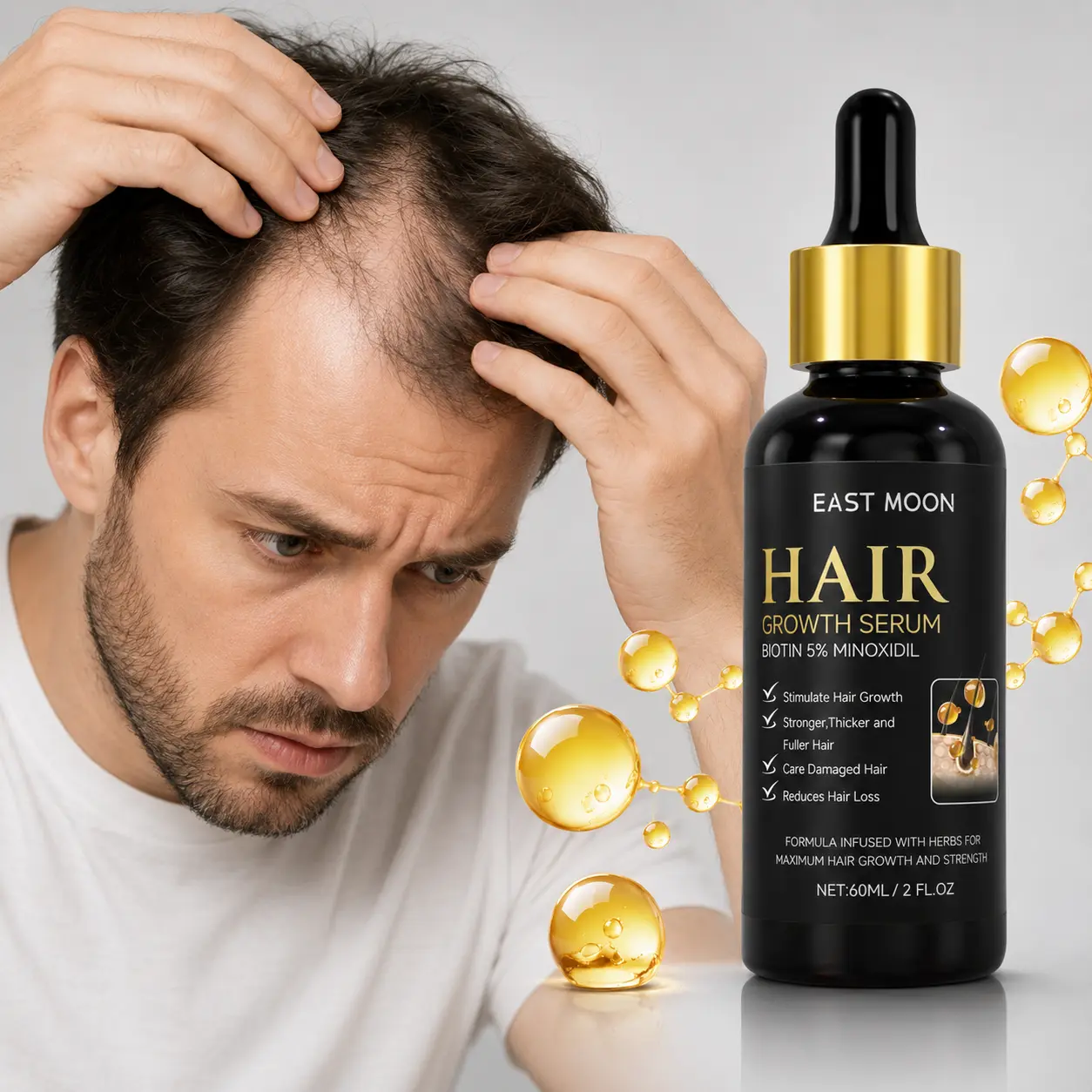 5% Minoxidil Hair Growth Serum with Biotin, Scalp Care Serum for Thinning Hair, Fuller & Thicker-Looking Hair, Men & Women, 60ml