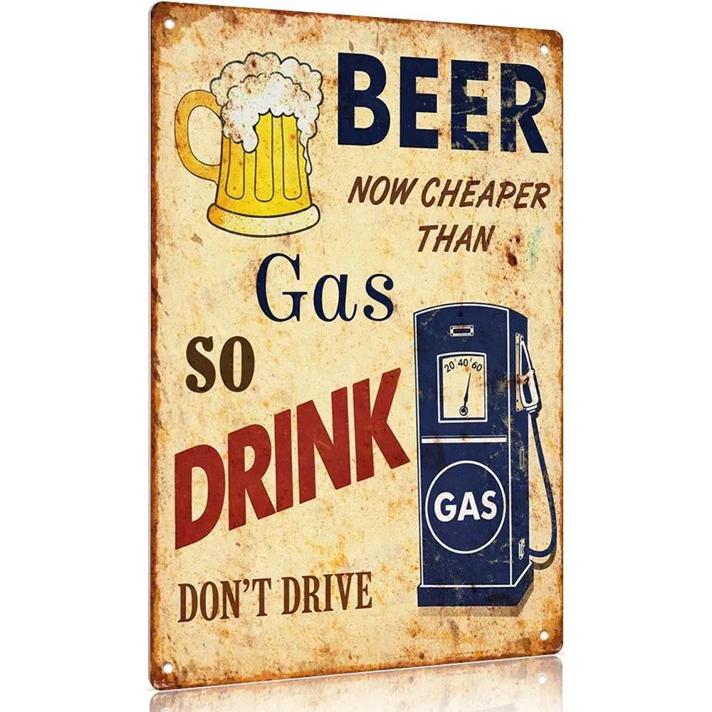 Beer Now Cheaper Than Gas (Vintage Beer Sign) Vintage Beer Metal Signs Wall Art, Home Bar House Decor, Cool Stuff for Room Wall Decor, Adults Gifts, 12x8 Inch