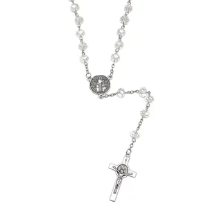 Crystal Beads Catholic Rosary Crucifix Necklace, San Benito (Clear) Collar Crucifijo Rosario Católico Cuentas de San Benito(Clear)