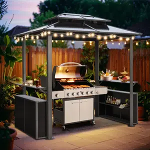 7 x 5 FT Grill Gazebo, Outdoor Barbecue Gazebo with Double Polycarbonate Panel Roof, BBQ Gazebo with Shelves for Patio, Lawn, Garden