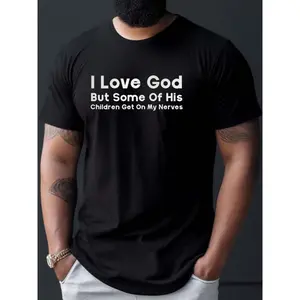 Men's Cotton Oversized Short-Sleeve Crew Neck T-Shirt - Funny Text Print, Loose Fit, Slight Stretch, All-Season Streetwear, Plus Size Vintage Graphic Activewear