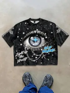 Cross short sleeved unisex imitation rhinestone eye print t-shirt 2026 summer aesthetic geometric cross shirt European and American street fashion, Streetwear brand casual nightclub party Y2K style