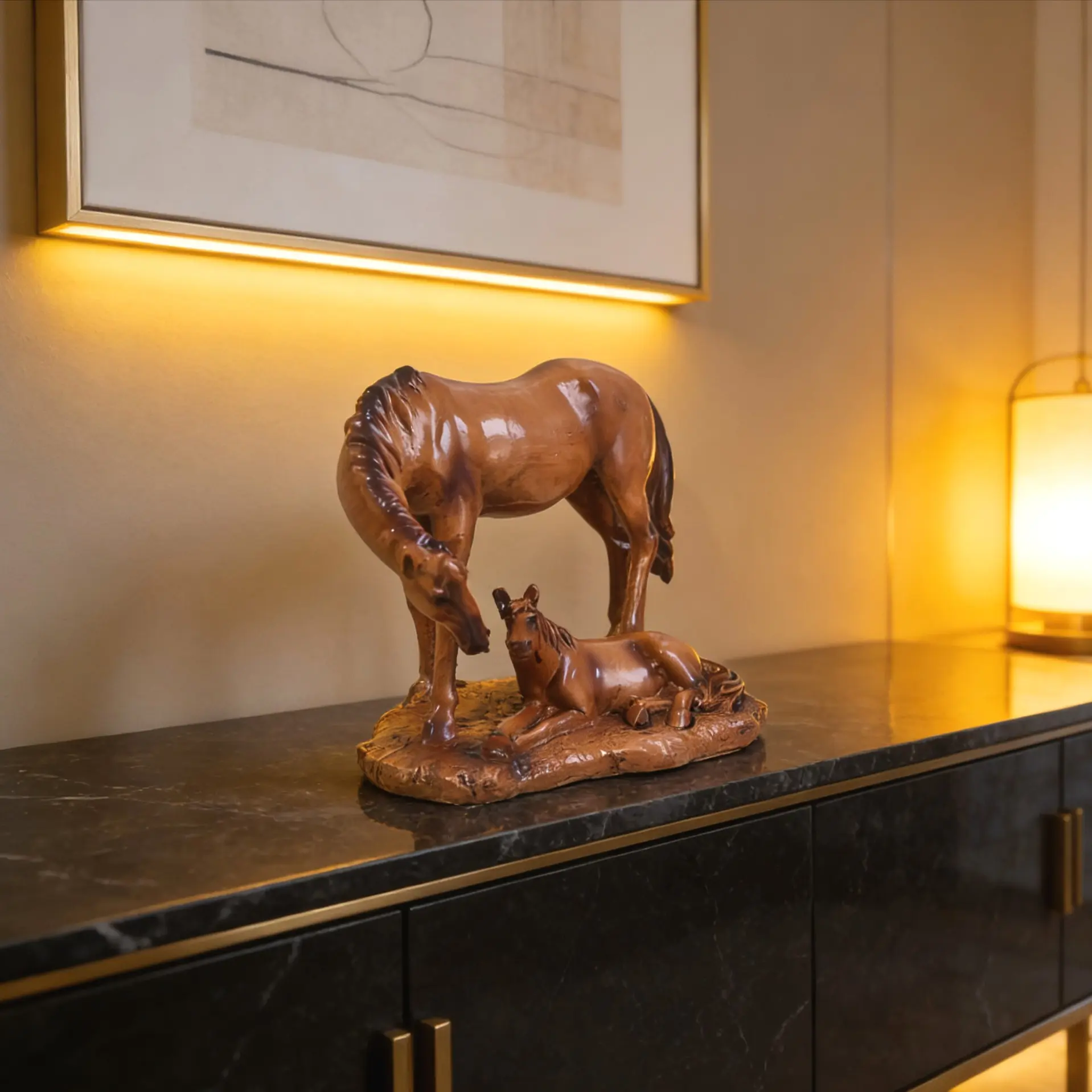 Vintage Wood Grain Mother and Baby Horse Sculpture, Resin Animal Sculptures, Luxurious Living Room and Study Decor, Vintage Home Decor, Perfect for Year of the Horse Ambiance, Cute Collectible Figurines