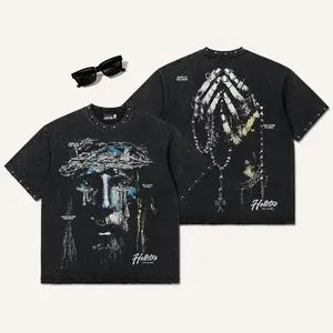 Hell Star Praying Hands Crowned Face Jesus Graphic Tee Mens Oversized Vintage Washed Black T Shirt Gothic Rosary Streetwear Y2K Grunge Hip Hop Short Sleeve Top TikTok Viral Baggy Jeans Outfit