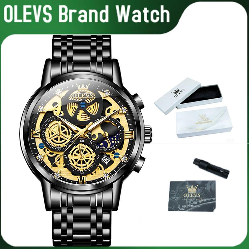OLEVS Men's 42 mm Stainless Steel Alloy Chronograph Watch - Waterproof (<< 30M), Trendy Luxury Formal, Large Face, Luminescent Skeleton Dial, Gold-Silver-Black Tone, Easy-to-Read Analog Quartz, Date, Diamond Roman Numerals, Clasp, Batteries Included