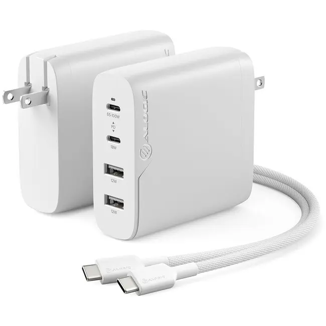 Alogic WCG4X100-US 4-Port 100W GaN Rapid Power Charger, White, Portable for Smartphone, Cellphone, Tablet & Other Devices