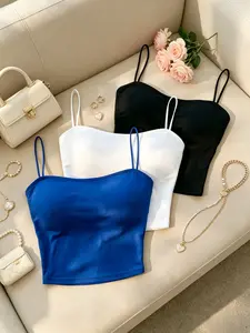 Women's 3-Piece Basic Tank Tops, Solid Color Spaghetti Strap Thin Straps Lightweight Square Neck Short Sleeve, Summer Casual Sleeveless Vest, Daily Wear, Everyday